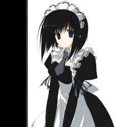 Rule 34 | 1girl, black background, black eyes, black hair, maid, mitsumi misato, short hair, simple background, solo, suzuri, suzuri (tennenseki), white background