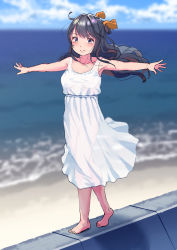Rule 34 | 1girl, alternate costume, bare arms, bare shoulders, barefoot, beach, black hair, blurry, blurry background, blush, breasts, closed mouth, commentary request, day, depth of field, dress, full body, kantai collection, long hair, looking at viewer, multicolored hair, naganami (kancolle), ocean, outdoors, outstretched arms, pink hair, satsuki neko, see-through, sleeveless, sleeveless dress, smile, solo, standing, sundress, two-tone hair, water, wavy hair, white dress