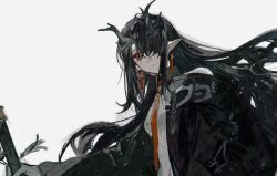 Rule 34 | 1girl, arknights, black hair, black jacket, breasts, collared dress, dragon horns, dress, dusk (arknights), earrings, hair over one eye, highres, holding, horns, jacket, jewelry, looking at viewer, necktie, one eye covered, pe902, pointy ears, red eyes, red necktie, scabbard, sheath, simple background, small breasts, solo, tassel, tassel earrings, upper body, white background, white dress