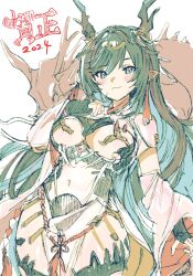 Rule 34 | 1girl, 2024, black gloves, black hair, blue eyes, blue hair, breasts, chinese zodiac, closed mouth, detached sleeves, dragon, dragon girl, dragon horns, fingerless gloves, gloves, gorirago, granblue fantasy, highres, horns, long hair, looking at viewer, medium breasts, multicolored hair, payila (granblue fantasy), pointy ears, red hair, simple background, solo, tassel, very long hair, white background, wide sleeves, year of the dragon