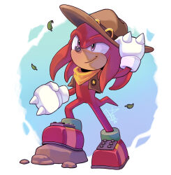 Rule 34 | 1boy, angiethecat, bandana, brown headwear, brown vest, cowboy hat, furry, furry male, gloves, hand on headwear, hat, highres, knuckles the echidna, looking up, open clothes, open vest, purple eyes, red footwear, red fur, smile, sonic (series), the murder of sonic the hedgehog, vest, white gloves