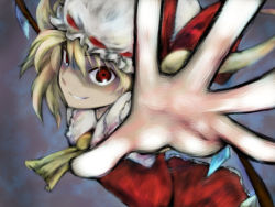 Rule 34 | 1girl, blonde hair, blouse, female focus, flandre scarlet, hair between eyes, hat, long hair, mitsunara, mob cap, open hand, outstretched arm, red eyes, shirt, side ponytail, smile, solo, touhou, white hat, white shirt, wings