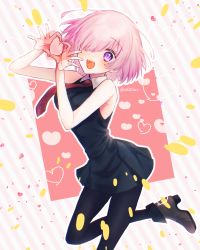 Rule 34 | 1girl, bare shoulders, black dress, black pantyhose, breasts, brown footwear, collared dress, commentary request, dress, fate/grand order, fate (series), hair over one eye, harukappa, heart, heart hands, highres, looking at viewer, mash kyrielight, medium breasts, necktie, one eye covered, open mouth, pantyhose, pink hair, purple eyes, red necktie, shoes, short hair, sleeveless, sleeveless dress, smile, solo, standing, standing on one leg, twitter username