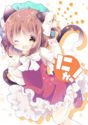 Rule 34 | 1girl, ;d, animal ear fluff, animal ears, bad id, bad pixiv id, bow, brown eyes, brown hair, cat ears, cat girl, cat tail, chen, colored shadow, commentary request, dress, drop shadow, ear piercing, fang, frilled dress, frills, fukaya rin, green hat, hair bow, hat, highres, long sleeves, mob cap, multiple tails, nekomata, one eye closed, one side up, open mouth, pantyhose, piercing, red dress, red footwear, shadow, shirt, shoes, sleeveless, sleeveless dress, sleeves past wrists, smile, solo, standing, standing on one leg, tail, touhou, two tails, white bow, white pantyhose, white shirt