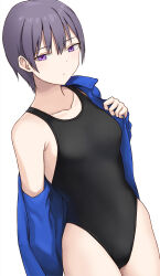 Rule 34 | 1girl, black one-piece swimsuit, breasts, collarbone, commentary request, competition swimsuit, expressionless, hair between eyes, hashi, jacket, looking at viewer, medium breasts, one-piece swimsuit, open clothes, open jacket, original, purple eyes, purple hair, short hair, simple background, solo, swimsuit, undressing