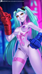 Rule 34 | 1girl, alanscampos, breasts, colored skin, cyberpunk (series), cyberpunk edgerunners, green hair, highres, long twintails, mechanical eyes, mechanical hands, middle finger, nipples, purple skin, pussy, rebecca (cyberpunk), red eyes, tattoo, twintails