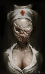 Rule 34 | 1girl, body horror, breasts, bubble head nurse, cleavage, colored skin, commentary, dark, faceless, hat, highres, horror (theme), monster girl, nurse, nurse cap, realistic, silent hill, silent hill (series), silent hill 2, solo, white hat, white skin