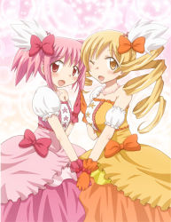 Rule 34 | 10s, 2girls, alternate costume, asymmetrical clothes, bare shoulders, blonde hair, bow, breasts, drill hair, gloves, hair bow, hair ornament, hair ribbon, holding hands, idol, jewelry, kaname madoka, mahou shoujo madoka magica, mahou shoujo madoka magica (anime), medium breasts, multiple girls, necklace, one eye closed, pink eyes, pink hair, ribbon, small breasts, tomoe mami, wink, yellow eyes, yoshiwo (kanikama)