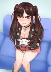 Rule 34 | 1girl, angry, bbyau (yoyosobadgril), black choker, black hair, black jacket, blue background, blush, breasts, chair, chibi, choker, cleavage, commentary request, cosplay, creatures (company), dress, earrings, embarrassed, fate/grand order, fate (series), female focus, game freak, hair over one eye, hair ribbon, highres, indoors, jacket, jewelry, large breasts, long hair, looking at viewer, marnie (pokemon), marnie (pokemon) (cosplay), multiple earrings, nintendo, pink dress, poke ball, poke ball (basic), pokemon, pokemon swsh, red eyes, red ribbon, ribbon, sidelocks, sitting, solo, twintails, wavy mouth, xiang yu (fate), yu mei-ren (fate)