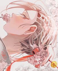 Rule 34 | 1boy, ao rui, cherry blossoms, close-up, collared shirt, ear piercing, floral background, flower, flower on head, flower over mouth, from behind, hair bun, hair flower, hair ornament, hair ribbon, head tattoo, japanese clothes, kokonoi hajime, light blush, looking at viewer, looking back, male focus, piercing, red ribbon, ribbon, shirt, solo, swept bangs, tokyo revengers, white hair, white shirt
