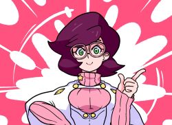Rule 34 | 1girl, big hair, breasts, capelet, chamomeil, coat, creatures (company), game freak, glasses, green eyes, hand on own hip, highres, index finger raised, long sleeves, medium breasts, nintendo, pink-framed eyewear, pink background, pink sweater, pokemon, pokemon sm, purple hair, ribbed sweater, sweater, turtleneck, turtleneck sweater, white capelet, white coat, wicke (pokemon)