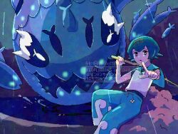 1girl :o blue_eyes blue_hair blue_pants bright_pupils creatures_(company) fish fishing_rod game_freak gen_7_pokemon gold_hairband hairband highres holding holding_fishing_rod lana_(pokemon) nintendo o1168w open_mouth outstretched_arm pants pixel_art pokemon pokemon_(creature) pokemon_sm rain shirt short_hair sleeveless sleeveless_shirt white_pupils white_shirt wishiwashi wishiwashi_(school)