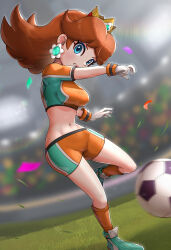 Rule 34 | 1girl, absurdres, aqua footwear, arm up, ball, blue eyes, blurry, blurry background, blush, breasts, brown hair, clenched teeth, commentary request, confetti, crop top, cropped torso, crown, earrings, eyelashes, field, floating hair, flower earrings, gem, gloves, gonzarez, grass, hand up, highres, jewelry, kicking, leg up, long hair, looking at viewer, mario (series), medium breasts, midriff, multicolored clothes, multicolored shirt, multicolored shorts, navel, nintendo, orange shirt, orange shorts, orange socks, parted bangs, parted lips, playing sports, princess daisy, shirt, shoes, short shorts, short sleeves, shorts, sneakers, soccer, soccer ball, soccer field, soccer uniform, socks, solo, sportswear, stadium, standing, standing on one leg, stomach, strikers daisy, super mario strikers, teeth, turtleneck, v-shaped eyebrows, white gloves, white wristband, wristband