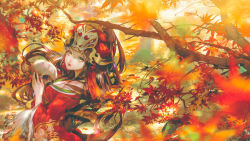 Rule 34 | 1girl, autumn leaves, blurry, blurry foreground, branch, breasts, brown hair, cleavage, commentary request, day, depth of field, fingernails, green eyes, hair ornament, holding, holding skull, japanese clothes, kimono, kiyohime (onmyoji), leaf, long fingernails, long hair, long sleeves, looking at viewer, looking to the side, maple leaf, mask, mask on head, nail polish, onmyoji, outdoors, red kimono, red nails, say hana, sharp fingernails, skull, solo, very long hair, wide sleeves