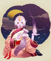 Rule 34 | 1girl, bracelet, cloud, colored skin, crescent moon, curasheep, horns, jewelry, kneeling, league of legends, lipstick, long hair, looking at viewer, makeup, moon, nail polish, night, night sky, pointy ears, purple skin, red nails, single horn, sky, solo, soraka (league of legends), white hair, wide sleeves, yellow eyes
