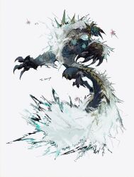Rule 34 | armor, blue scales, blue tail, claws, full body, highres, horns, kamikiririp, large hands, monster, monster hunter (series), no humans, open mouth, sharp teeth, simple background, solo, spikes, tail, teeth, white background, white fur, white hair, zinogre