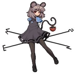 Rule 34 | 1girl, animal, animal ears, arms behind back, basket, black dress, black footwear, blue capelet, capelet, dark-skinned female, dark skin, dowsing rod, dress, full body, grey hair, holding, holding with tail, jewelry, light smile, lowres, mary janes, mouse (animal), mouse ears, mouse tail, namako daibakuhatsu, nazrin, necklace, pantyhose, pendant, pixel art, prehensile tail, red eyes, shoes, short hair, solo, standing, tagme, tail, touhou, transparent background, white background