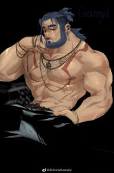 Rule 34 | 1boy, abs, absurdres, bara, barbell piercing, blue hair, broad shoulders, chest hair, chest tattoo, dark blue hair, earrings, elbow rest, facial mark, high ponytail, highres, jewelry, kawuky, large hands, large pectorals, looking at viewer, low ponytail, male focus, muscular, muscular male, navel, navel hair, nipple piercing, nipples, original, pectorals, piercing, purple eyes, solo, stomach, tattoo, thick eyebrows, topless male, tribal, v-taper