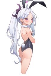 Rule 34 | 1girl, absurdres, ahoge, akgrn, ass, black horns, black leotard, blue archive, blush, breasts, closed mouth, demon horns, detached collar, fake tail, grey hair, halo, highres, hina (blue archive), horns, leotard, long hair, multiple horns, purple eyes, rabbit tail, simple background, small breasts, solo, strapless, strapless leotard, tail, white background
