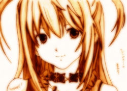 Rule 34 | 1girl, amane misa, death note, female focus, godees, gradient background, long hair, monochrome, short twintails, sketch, smile, solo, traditional media, twintails, two side up, white background