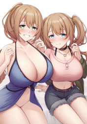 Rule 34 | 2girls, absurdres, alternate breast size, bare arms, bare shoulders, belt, black choker, blue eyes, blush, breasts, brown belt, brown hair, chloe (princess connect!), chloe (real) (princess connect!), choker, cleavage, closed mouth, collarbone, commentary request, green eyes, highres, jewelry, kannko bokujou, large breasts, long hair, long sleeves, mother and daughter, multiple girls, navel, necklace, parted lips, pink shirt, princess connect!, shirt, short shorts, shorts, sitting, sleeveless, smile, teeth, thighs, twintails, white background
