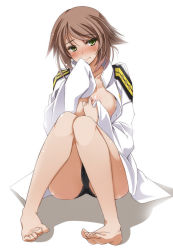 Rule 34 | 10s, 1girl, 3:, alternate costume, barefoot, black panties, blush, breasts, brown hair, full body, green eyes, kantai collection, large breasts, military, military uniform, mutou kurihito, mutsu (kancolle), naval uniform, no headwear, open clothes, panties, short hair, simple background, sitting, solo, underwear, uniform, white background