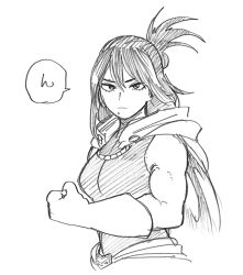 Rule 34 | 1girl, belt, belt buckle, biceps, bodysuit, boku no hero academia, breasts, buckle, cape, clenched hand, closed mouth, determined, facing viewer, gloves, hair between eyes, half updo, horikoshi kouhei, large breasts, long hair, looking at viewer, mature female, mole, mole under mouth, monochrome, muscular, muscular female, official art, ponytail, serious, shimura nana, shirt, simple background, sketch, sleeveless, sleeveless bodysuit, solo, speech bubble, toned, upper body, white background