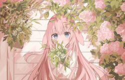 Rule 34 | 1girl, animal ears, blue eyes, blush, bouquet, commentary request, covered mouth, flower, hair between eyes, highres, holding, holding bouquet, kushida you, long hair, looking at viewer, original, pink flower, pink hair, pink rose, rabbit ears, rose, shirt, solo, upper body, very long hair, white flower, white shirt