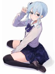 Rule 34 | 1girl, adjusting hair, alternate costume, black thighhighs, blue eyes, blue hair, blue ribbon, blue skirt, bow, bowtie, brown footwear, cardigan, collared shirt, commentary, dress shirt, full body, hair between eyes, hair ribbon, hand up, highres, hololive, hoshimachi suisei, karyln, light blue hair, loafers, looking at viewer, medium hair, plaid, plaid bow, plaid bowtie, plaid skirt, pleated skirt, purple bow, purple bowtie, purple cardigan, ribbon, shadow, shirt, shoes, side ponytail, sidelocks, sitting, skirt, sleeves past wrists, solo, star (symbol), star in eye, symbol-only commentary, symbol in eye, thighhighs, thighs, virtual youtuber, wariza, white shirt, zettai ryouiki
