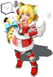 Rule 34 | 1girl, absurdres, animal ears, bell, blonde hair, blue ribbon, blush, christmas, duel monster, eyelashes, female focus, furumeta, gift bag, highres, colored eyelashes, purple eyes, ribbon, simple background, solo, tail, tail ornament, tail ribbon, tiger ears, tiger girl, tiger tail, white background, yu-gi-oh!, yu-gi-oh! duel monsters, zoodiac tigress