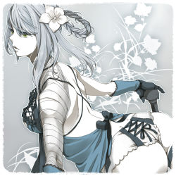 Rule 34 | 1girl, ass, backless outfit, bandages, butt crack, elbow gloves, flower, from behind, gloves, green eyes, hair flower, hair ornament, kaine (nier), lingerie, long hair, nanarinca, negligee, nier, nier (series), pale skin, panties, revision, silver hair, solo, underwear, white panties