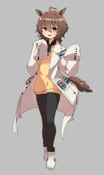 Rule 34 | 1girl, agnes tachyon (umamusume), ahoge, animal ears, black pantyhose, black shirt, brown hair, collared shirt, commentary, full body, grey background, hair between eyes, highres, horse ears, horse girl, horse tail, jambujok, lab coat, long sleeves, looking at viewer, open clothes, pantyhose, parted lips, red eyes, shirt, shoes, simple background, sleeves past fingers, sleeves past wrists, smile, solo, standing, sweater vest, tail, umamusume, white footwear