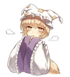 Rule 34 | 1girl, animal hat, artist name, blonde hair, blush, commentary request, fox tail, hair between eyes, hat, highres, koto (shiberia39), long sleeves, mob cap, multiple tails, outline, own hands together, short hair, simple background, solo, tabard, tail, touhou, upper body, white background, wide sleeves, worried, yakumo ran, yellow eyes, yellow pupils