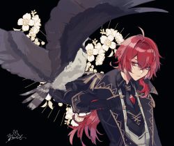 Rule 34 | 1boy, animal on arm, antenna hair, arm up, bird, bird on arm, black background, black gloves, black suit, commentary, diluc (genshin impact), flower, flower request, formal, genshin impact, gloves, hawk, highres, long hair, male focus, parted lips, ponytail, red eyes, red hair, serious, shirt, sidelocks, signature, simple background, solo, suit, white flower, white shirt, zoo min