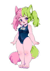 Rule 34 | 1girl, :3, absurdres, animal ears, eyebrows, fang, full body, furry, furry female, green hair, highres, multicolored hair, one-piece swimsuit, open mouth, original, pink hair, purple hair, school swimsuit, seitarou, simple background, smile, solo, split-color hair, swimsuit, twintails, two-tone hair, white background