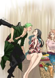 Rule 34 | black hair, blush, chikichiki (robitema), eye contact, green hair, long hair, looking at another, nami (one piece), nico robin, one piece, roronoa zoro, sitting