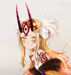 Rule 34 | 1girl, bare shoulders, blonde hair, breasts, facial mark, fang, fate/grand order, fate (series), fiery hair, forehead mark, grey background, horns, ibaraki douji (fate), japanese clothes, kimono, long hair, looking at viewer, off shoulder, oni, oni horns, pointy ears, rabbit king, simple background, slit pupils, small breasts, smile, solo, tattoo, upper body, yellow eyes, yellow kimono