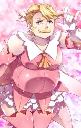 Rule 34 | 1boy, arm up, artist name, ascot, bare shoulders, big belly, blonde hair, blue eyes, blurry, blurry background, breasts, cleavage, commentary request, cosplay, crossdressing, dress, facial hair, fat, fat man, fate/grand order, fate/kaleid liner prisma illya, fate (series), feather hair ornament, feathers, frilled dress, frills, gloves, goredolf musik, hair ornament, highres, large breasts, leaning forward, looking at viewer, m/, male focus, mustache, \\n/, orange ascot, pink background, pink dress, pink thighhighs, prisma illya, prisma illya (cosplay), sakura tsubame, solo, sparkle, thighhighs, two side up, v-shaped eyebrows, white gloves
