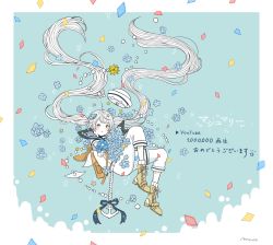Rule 34 | 1girl, anchor, black neckerchief, blue background, blue collar, blue flower, blue theme, blush, collar, commentary, flat color, floating, floating hair, floating hat, flower, hat, highres, knees up, limited palette, marche 30, marshmary (vocaloid), neckerchief, no nose, pale skin, pants, parted lips, sailor, sailor collar, sailor hat, sailor shirt, shirt, short sleeves, simple background, solo, song name, translated, twintails, vocaloid, white hair, white pants, white shirt