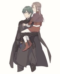 Rule 34 | 1boy, 1girl, aged down, brown hair, byleth (fire emblem), byleth (male) (fire emblem), carrying, dagger, dress, edelgard von hresvelg, fire emblem, fire emblem: three houses, from side, gloves, green hair, highres, knife, nanao parakeet, nintendo, pantyhose, purple eyes, red dress, sheath, sheathed, simple background, standing, time paradox, weapon, white background