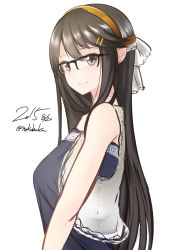 Rule 34 | 10s, 1girl, bad id, bad pixiv id, black hair, brown eyes, casual, glasses, haruna (kancolle), kantai collection, long hair, nekobaka, simple background, solo, white background