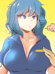 Rule 34 | 1girl, annoyed, bad id, bad pixiv id, blue eyes, blue hair, blue shirt, breasts, cleavage, closed mouth, collarbone, collared shirt, cookie (touhou), english text, hand on another&#039;s chest, hekiga (freelot), highres, kawashiro nitori, kofji (cookie), large breasts, looking to the side, medium hair, profanity, shirt, short sleeves, solo, solo focus, touhou, upper body