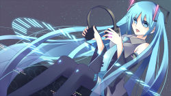 Rule 34 | 1girl, aqua eyes, aqua hair, bare shoulders, detached sleeves, dutch angle, hatsune miku, headphones, highres, holographic interface, instrument, keyboard (instrument), long hair, pink hair, sitting, skirt, smile, solo, sy cha, thighhighs, twintails, very long hair, vocaloid, wallpaper, zettai ryouiki