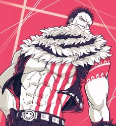 Rule 34 | abs, bare pectorals, belt, charlotte katakuri, covered mouth, gloves, hand on own hip, highres, large pectorals, living (pixiv5031111), male focus, manly, muscular, one piece, open clothes, open vest, pants, pectorals, scar, scarf, scarf over mouth, simple background, solo, spikes, stitches, tattoo, vest