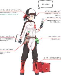 Rule 34 | 1girl, baseball cap, belt, black hair, blue eyes, boots, full body, glasses, gloves, hat, jumpsuit, katie-chan, kyoto tool, long hair, mascot, mechanic, ponytail, smile, solo, toolbox, tools, transparent background