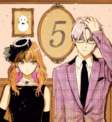 Rule 34 | 1boy, 1girl, :|, arm at side, arm behind back, arm up, bare shoulders, black-framed eyewear, black dress, black gloves, black headwear, black necktie, blue eyes, breast pocket, bright pupils, brown eyes, brown hair, closed mouth, collarbone, collared shirt, dress, earrings, elbow gloves, expressionless, eyebrows hidden by hair, eyelashes, formal, fuyutsuki (koori zokusei danshi), gem, glasses, gloves, tucking hair, hand in own hair, hat, highres, himuro (koori zokusei danshi), indoors, jacket, jewelry, koori zokusei danshi to cool na douryou joshi, lapels, layered sleeves, long hair, looking at viewer, mini hat, multicolored eyes, necklace, necktie, notched lapels, official art, painting (object), pearl (gemstone), pearl necklace, picture frame, plaid, plaid jacket, pocket, pocket square, purple eyes, purple jacket, shirt, side-by-side, sleeveless, sleeveless dress, snowman, straight-on, suit jacket, tilted headwear, tonogaya, unfinished, upper body, wainscoting, wavy hair, white hair, white pupils, white shirt, wing collar