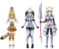Rule 34 | 10s, 3girls, armor, blonde hair, highres, kemono friends, long hair, multiple girls, polearm, serval (kemono friends), shoebill (kemono friends), short hair, silver hair, smile, spear, standing, teeth, thighhighs, thighs, tongue, weapon, white rhinoceros (kemono friends), yellow eyes