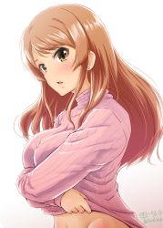 Rule 34 | 1girl, blush, bottomless, brown eyes, brown hair, clothes lift, diesel-turbo, earrings, fuchigami mai, highres, hojo karen, idolmaster, idolmaster cinderella girls, jewelry, long hair, looking at viewer, open mouth, out-of-frame censoring, parted bangs, profile, solo, stud earrings, sweater, sweater lift, undressing, upper body, voice actor connection