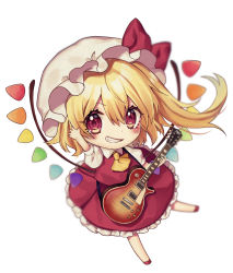 Rule 34 | 1girl, arm up, ascot, blonde hair, blush, bow, chibi, commentary request, electric guitar, flandre scarlet, gibson les paul, grin, guitar, hair between eyes, hat, hat bow, hexagram, holding, holding instrument, instrument, kyouda suzuka, looking at viewer, mob cap, one side up, puffy short sleeves, puffy sleeves, red bow, red eyes, red footwear, red skirt, red vest, shirt, shoes, short sleeves, simple background, skirt, skirt set, smile, solo, sparkle, star (symbol), touhou, v-shaped eyebrows, vest, white background, white hat, white shirt, wings, yellow ascot