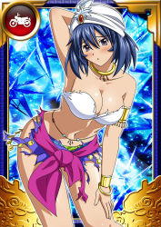 Rule 34 | 00s, 1girl, bare shoulders, bashoku youjou, blue hair, blush, breasts, card (medium), cleavage, female focus, hair ornament, ikkitousen, large breasts, leaning forward, looking at viewer, navel, parted lips, purple eyes, short twintails, solo, standing, torn clothes, twintails
